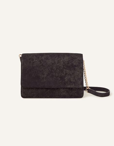 Glittery Leather Cross-Body Bag, Black (BLACK), large