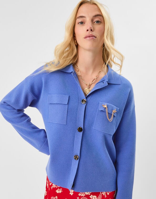 Plain Collar Cardigan, Blue (BLUE), large