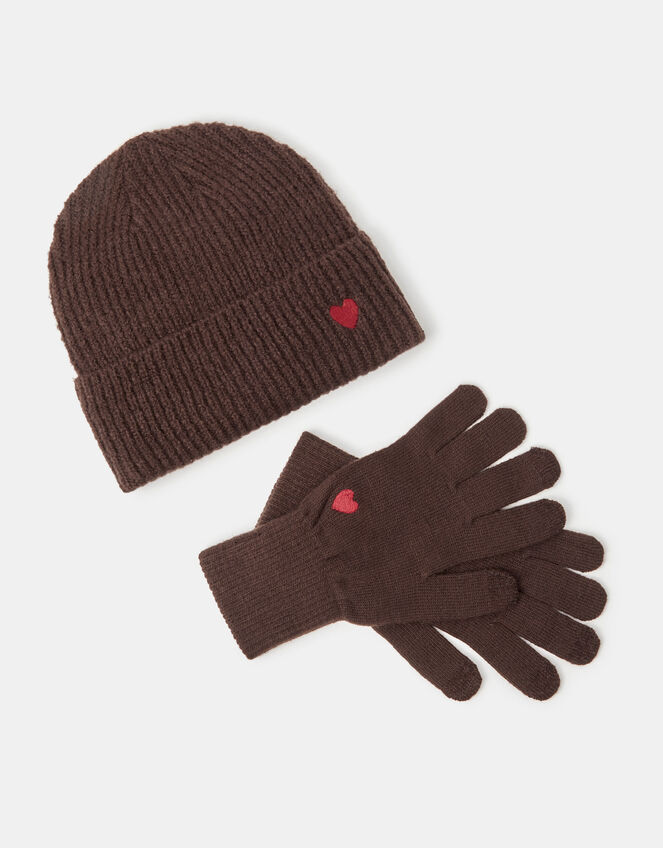Heart Embroidered Beanie & Gloves Set, , large