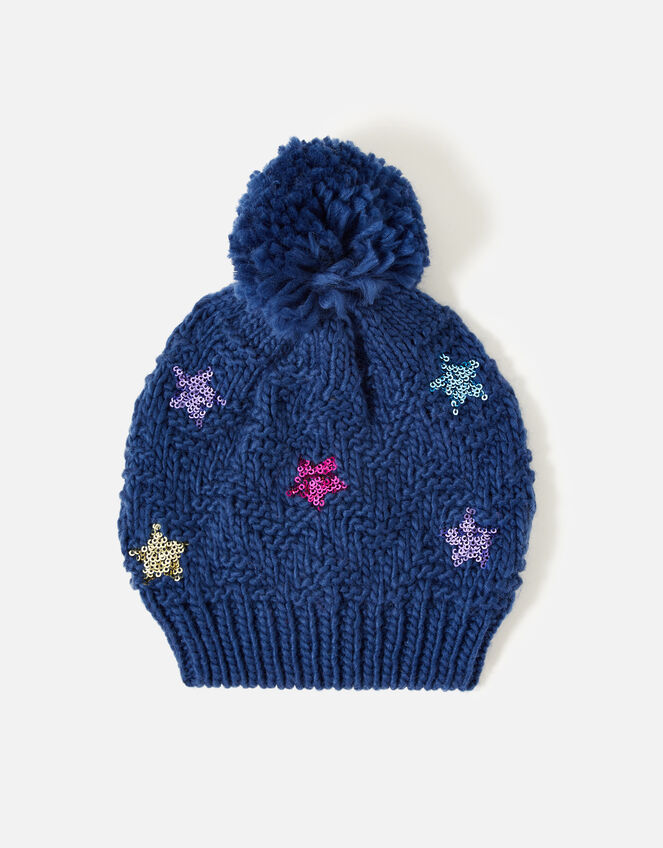 Girls Star Sequin Beanie, Blue (NAVY), large