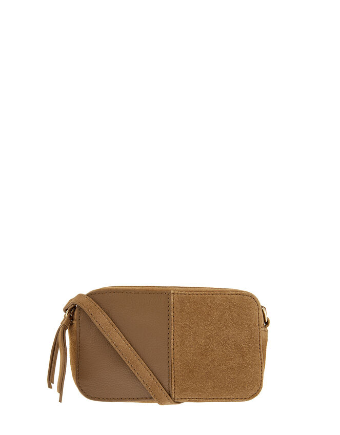 Macy Suede and Leather Cross-Body Bag, Tan (TAN), large