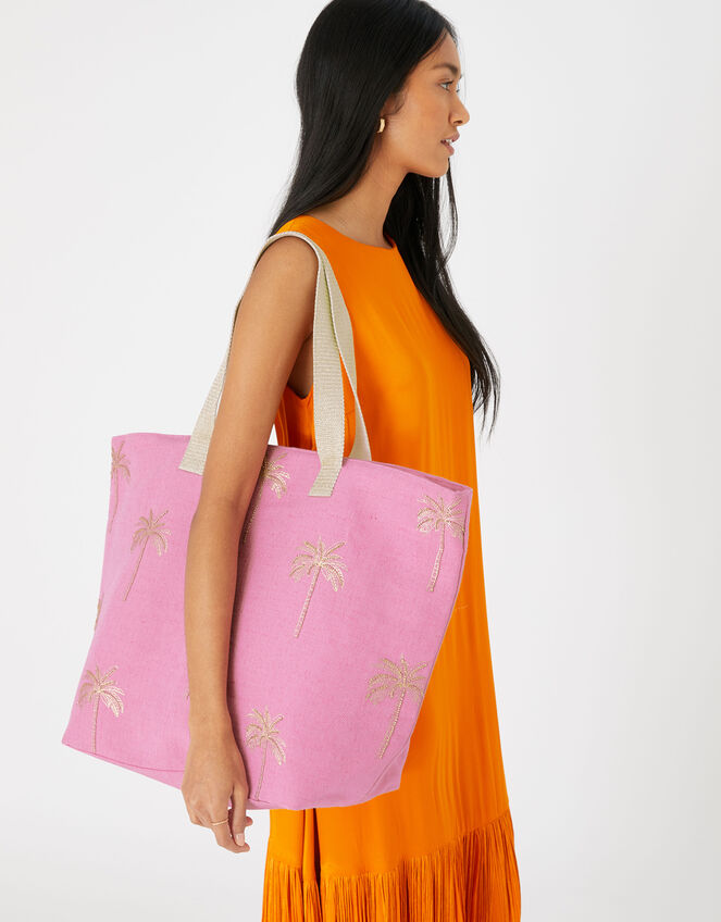 Paradise Palm Print Embroidered Tote Bag, Pink (PINK), large