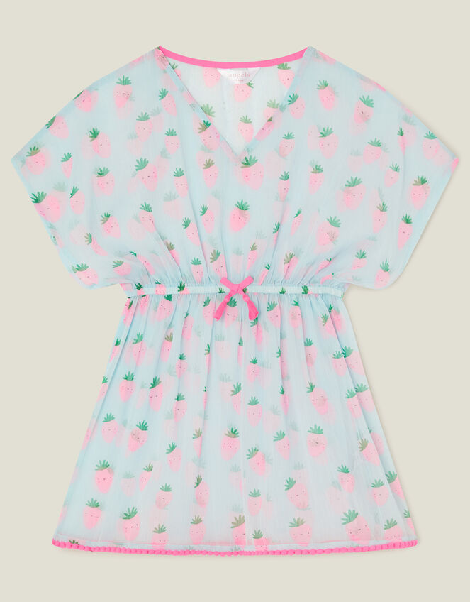 Girls Strawberry Print Kaftan, Blue (TURQUOISE), large