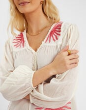 Sun Embroidered Long-Sleeve Maxi Dress, Ivory (IVORY), large