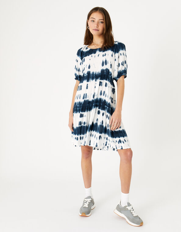 Tie Dye Puff Sleeve Dress Blue, Blue (BLUE), large