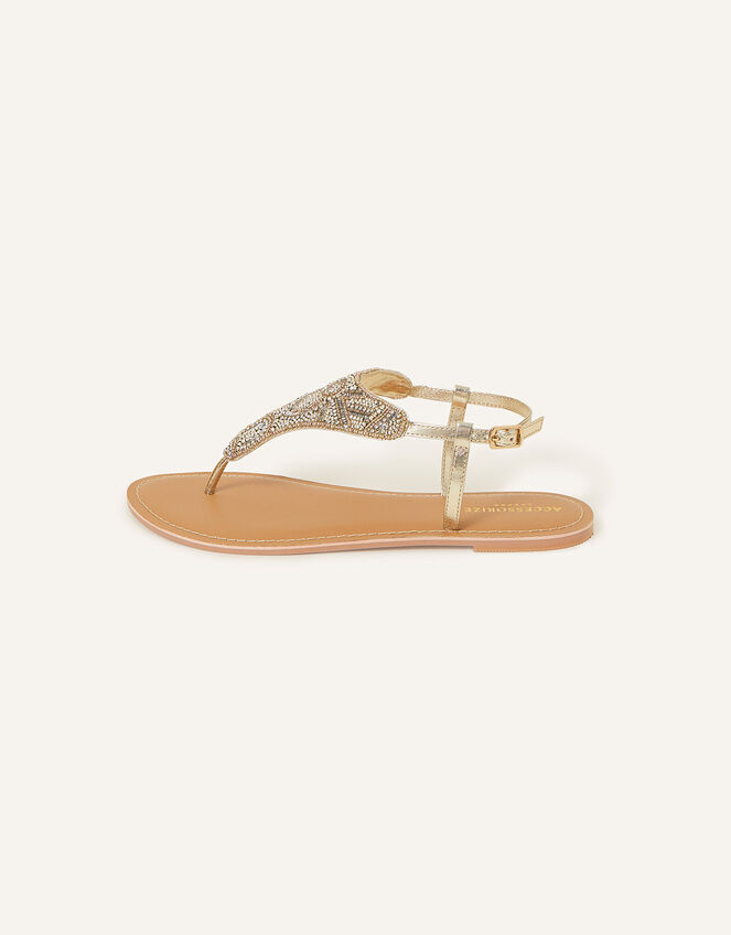 Flower Embellished Toe Post Sandals, Gold (GOLD), large