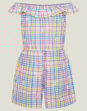 Girls Floral Embroidered Check Bardot Playsuit, Multi (BRIGHTS MULTI), large