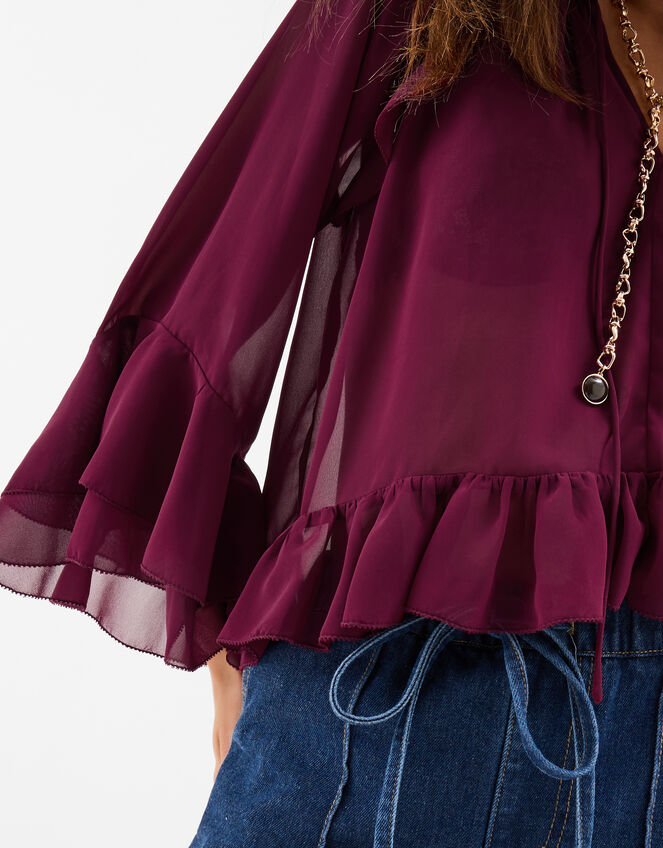 Ruffle Chiffon Blouse, Red (BURGUNDY), large