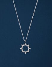 Sterling Silver-Plated Cut-Out Diamante Sun Pendant Necklace, , large