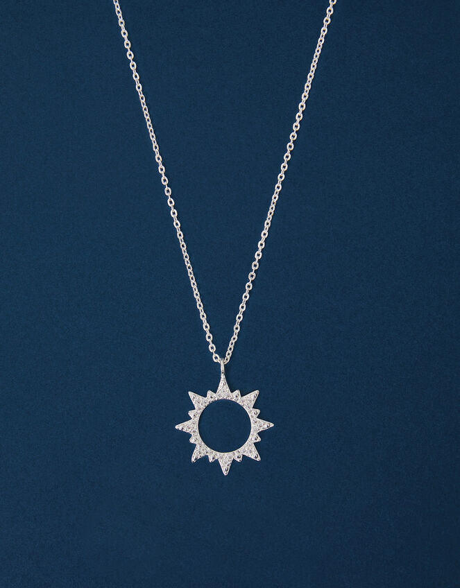 Sterling Silver-Plated Cut-Out Diamante Sun Pendant Necklace, , large