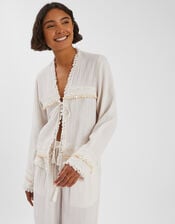 Mirror Embellished Long Sleeve Tie Top, Ivory (IVORY), large