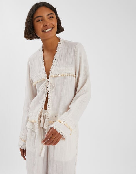 Mirror Embellished Long Sleeve Tie Top, Ivory (IVORY), large