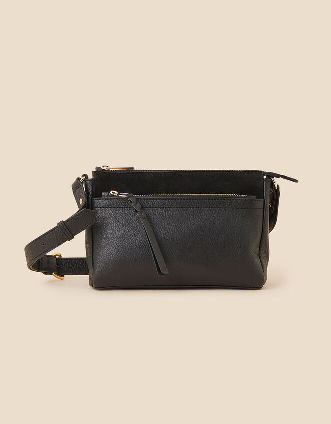 Leather Double Zip Cross-Body Bag, Black (BLACK), large