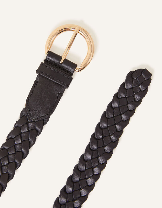 Leather Plaited Belt, Black (BLACK), large
