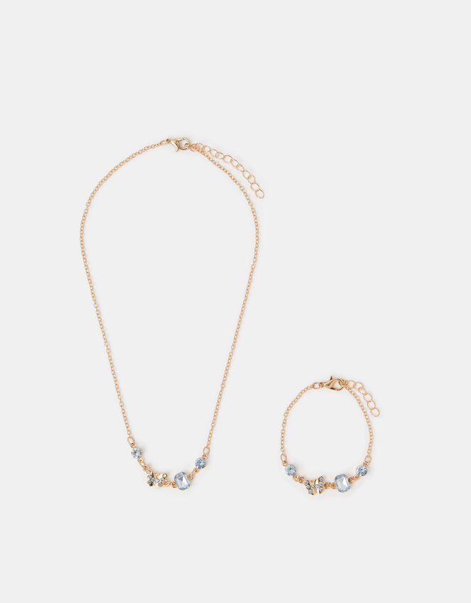 Girls Diamanté Butterfly Necklace & Bracelet Set, , large