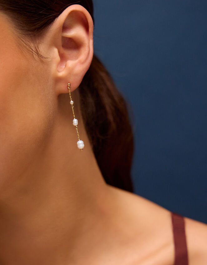 14ct Gold-Plated Pearl Chain Drop Earrings, , large