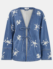 Floral Embroidered Chambray Tie Jacket, Blue (BLUE), large