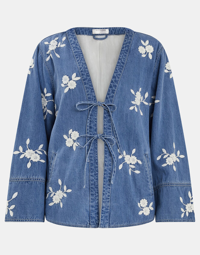 Floral Embroidered Chambray Tie Jacket, Blue (BLUE), large