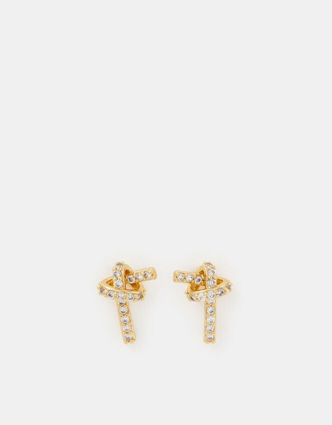 14ct Gold-Plated Diamant&eacute; Knot Stud Earrings, , large