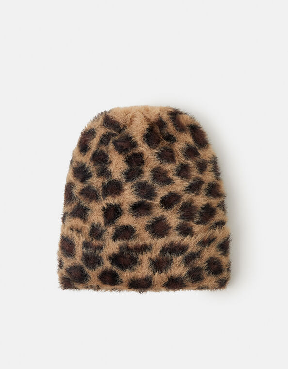 Fuzzy Leopard Print Beanie Hat, , large