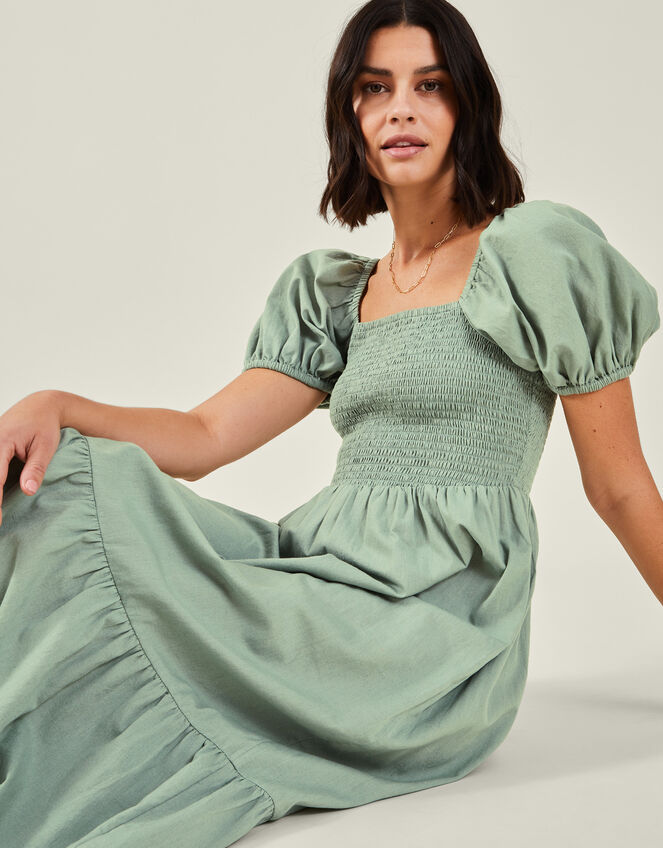 Puff Sleeve Smocked Midi Dress, Green (KHAKI), large