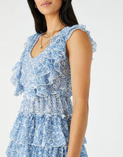 Paisley Floral Mini Ruffle Dress, Blue (BLUE), large