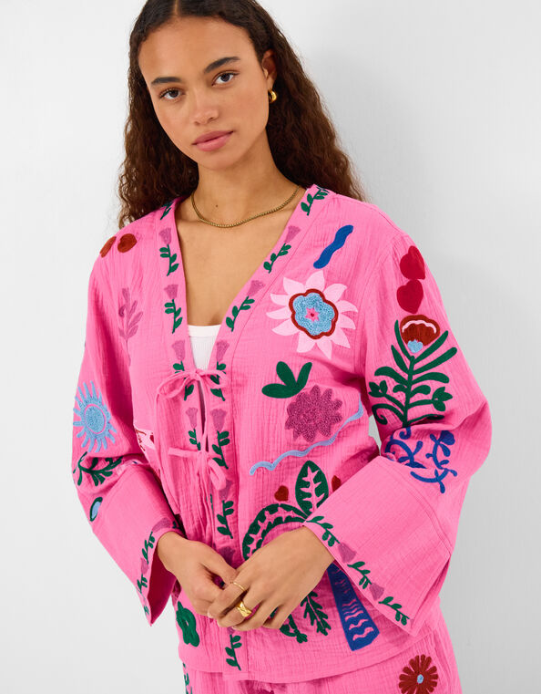 Tropical Embroidered Tie Front Shirt, Pink (BRIGHT PINK), large