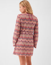 Long Sleeve Crochet Mini Beach Dress, Red (RED), large