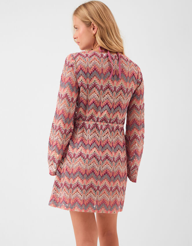 Long Sleeve Crochet Mini Beach Dress, Red (RED), large