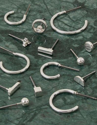 Stud and Hoop Earrings 10 Pack, Silver (SILVER), large