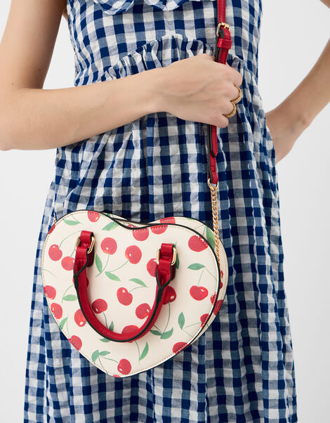 Cherry Print Heart Crossbody Bag, , large