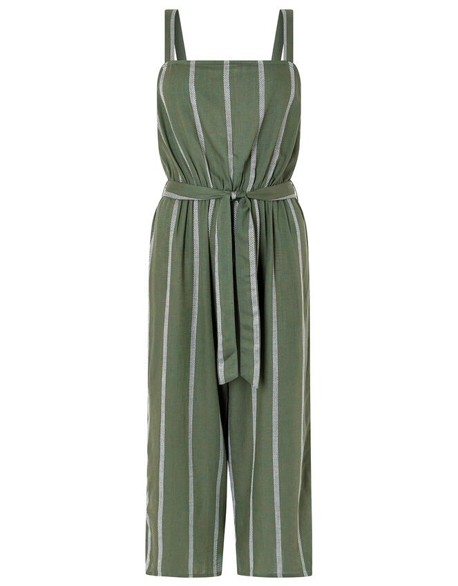 Striped Jumpsuit with Waist Belt, Green (KHAKI), large