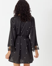 Spot Lace Trim Satin Robe , Black (BLACK WHITE), large