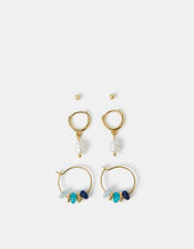 3-Pack 14ct Gold-Plated Stud & Pearl Hoop Earrings, , large