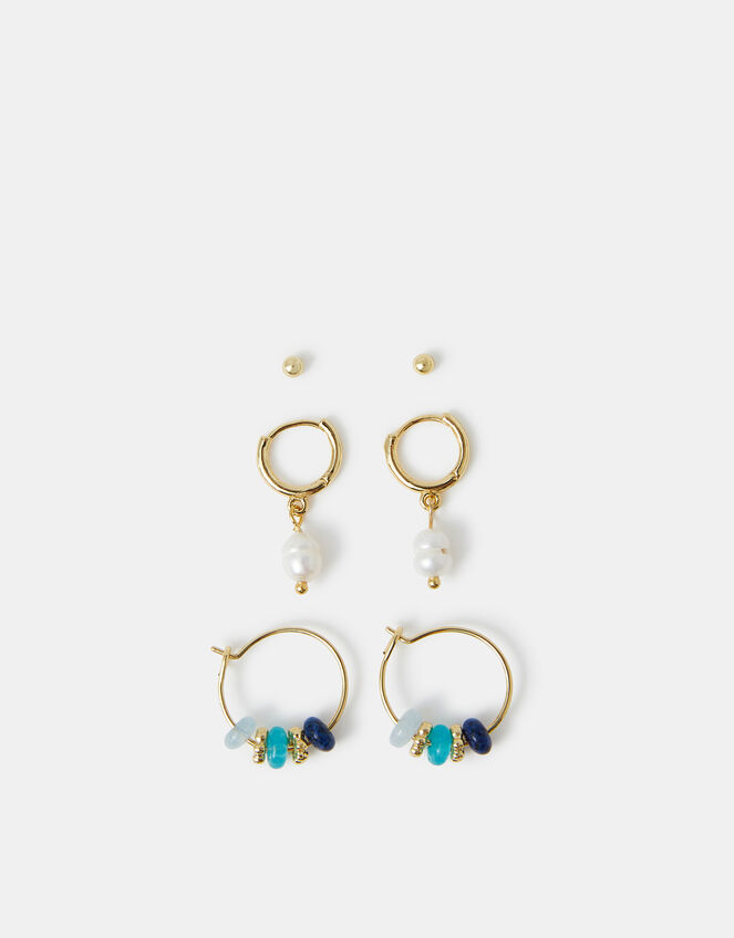 3-Pack 14ct Gold-Plated Stud & Pearl Hoop Earrings, , large