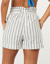Paper-Bag Striped Shorts in Linen-Mix Fabric, Blue (BLUE), large