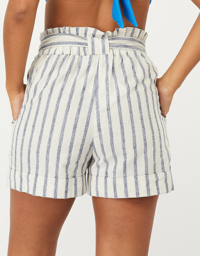 Paper-Bag Striped Shorts in Linen-Mix Fabric, Blue (BLUE), large