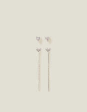 2-Pack Sterling Silver-Plated Diamante Chain Heart Stud Earrings, , large