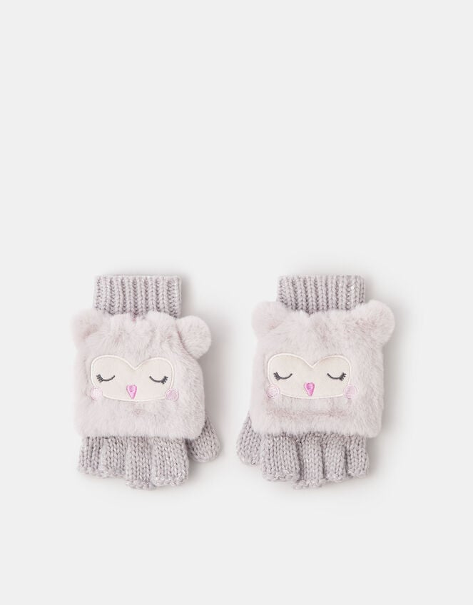 Girls Fluffy Owl Fingerless Gloves with Mittens, Natural (NATURAL), large