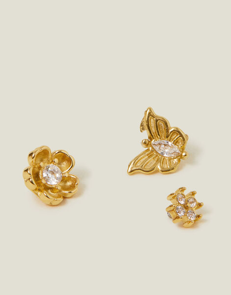 3-Pack 14ct Gold-Plated Flower Flatback Stud Earrings, , large