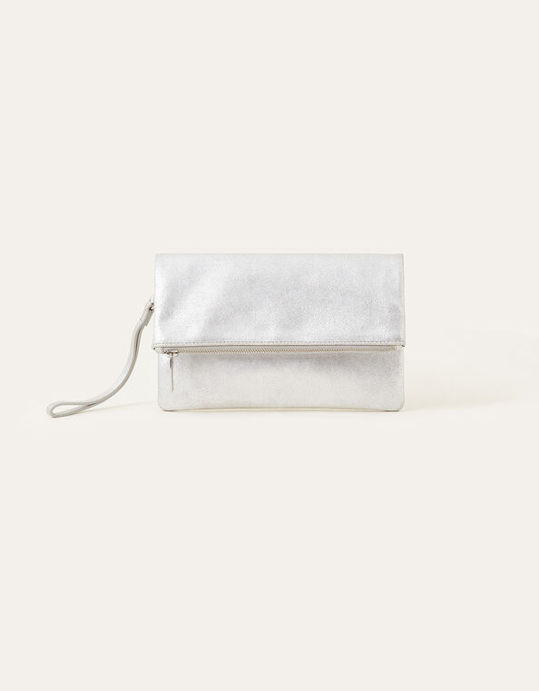 Leather Metallic Clutch, Silver (SILVER), large