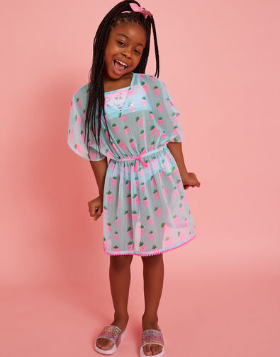 Girls Strawberry Print Kaftan, Blue (TURQUOISE), large
