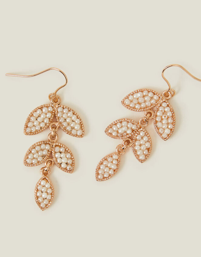Beaded Leaf Drop Earrings Pearl, , large