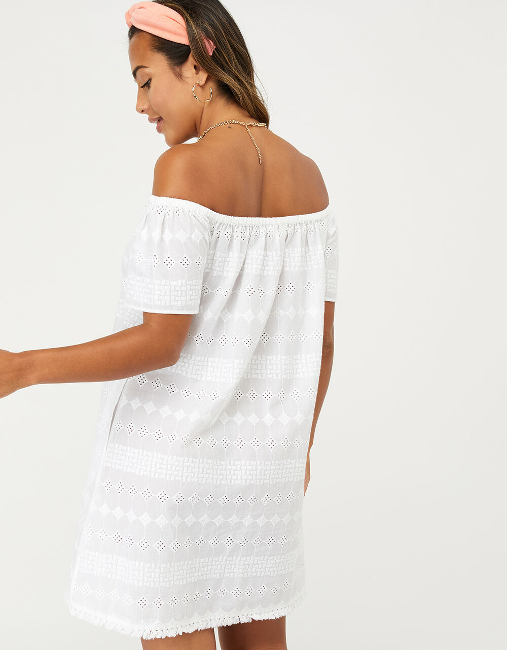 Schiffli Bardot Dress in Pure Cotton White Beach holiday dresses