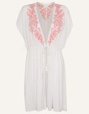 Shell Embroidered Tie Waist Kaftan, White (WHITE), large