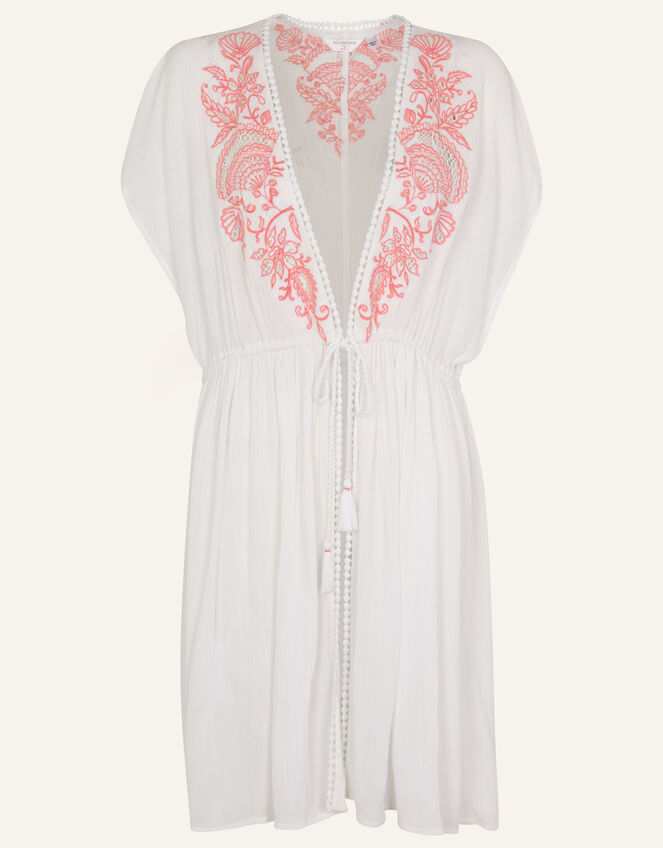Shell Embroidered Tie Waist Kaftan, White (WHITE), large