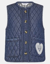 Heart Quilted Denim Waistcoat, DENIM, large