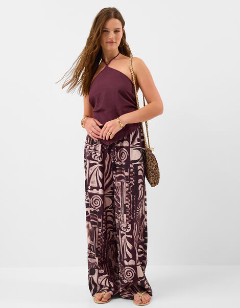 Abstract Print Wide Leg Trousers, Purple (PURPLE), large