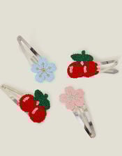 4-Pack Girls Crochet Flower Cherry Hair Clips, , large