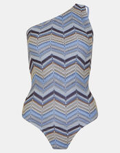 Zig Zag Crochet One-Shoulder Swimsuit, Multi (MULTI), large
